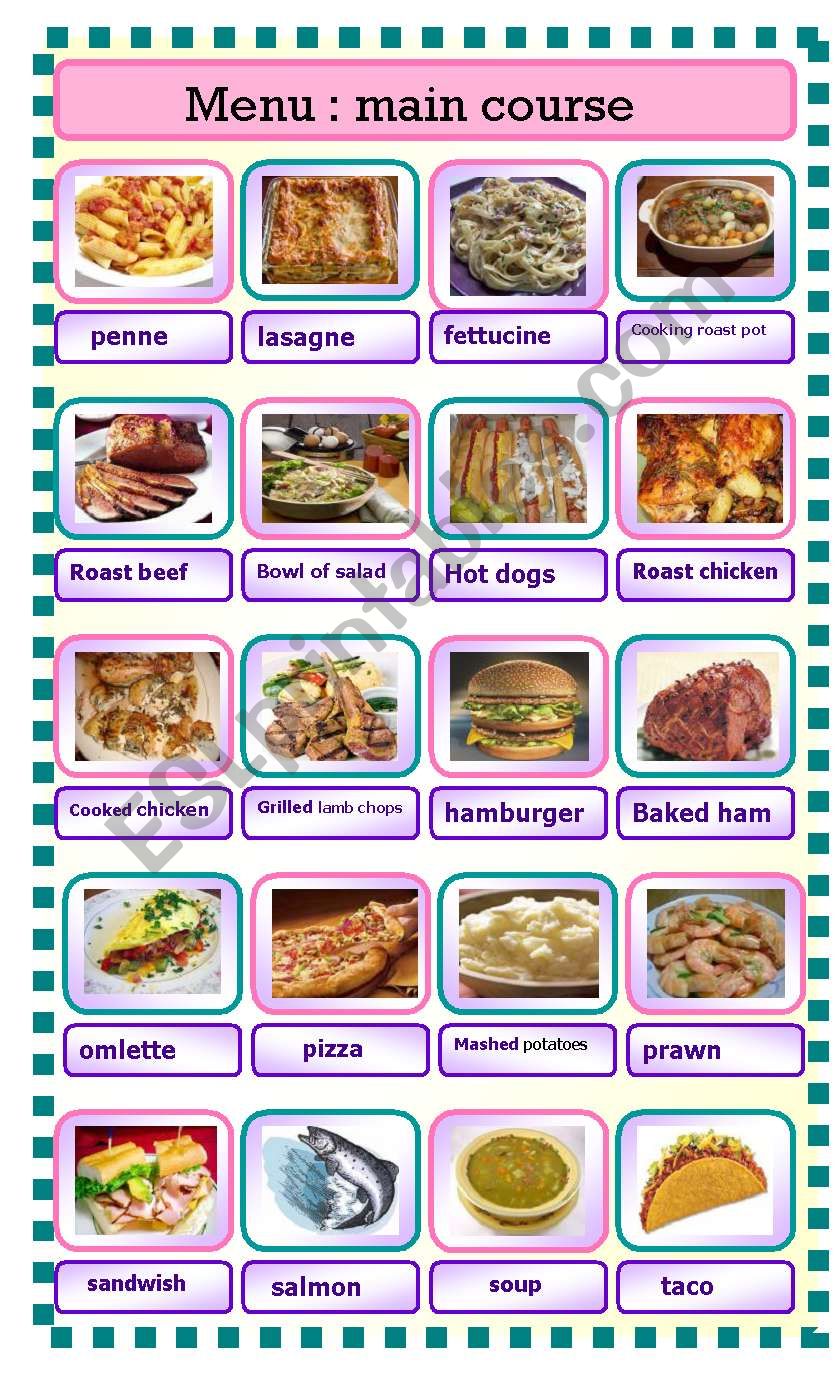 menu part 2 : main course worksheet