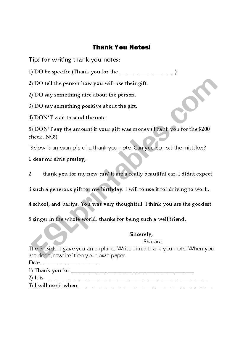 Writing Thank You Notes worksheet