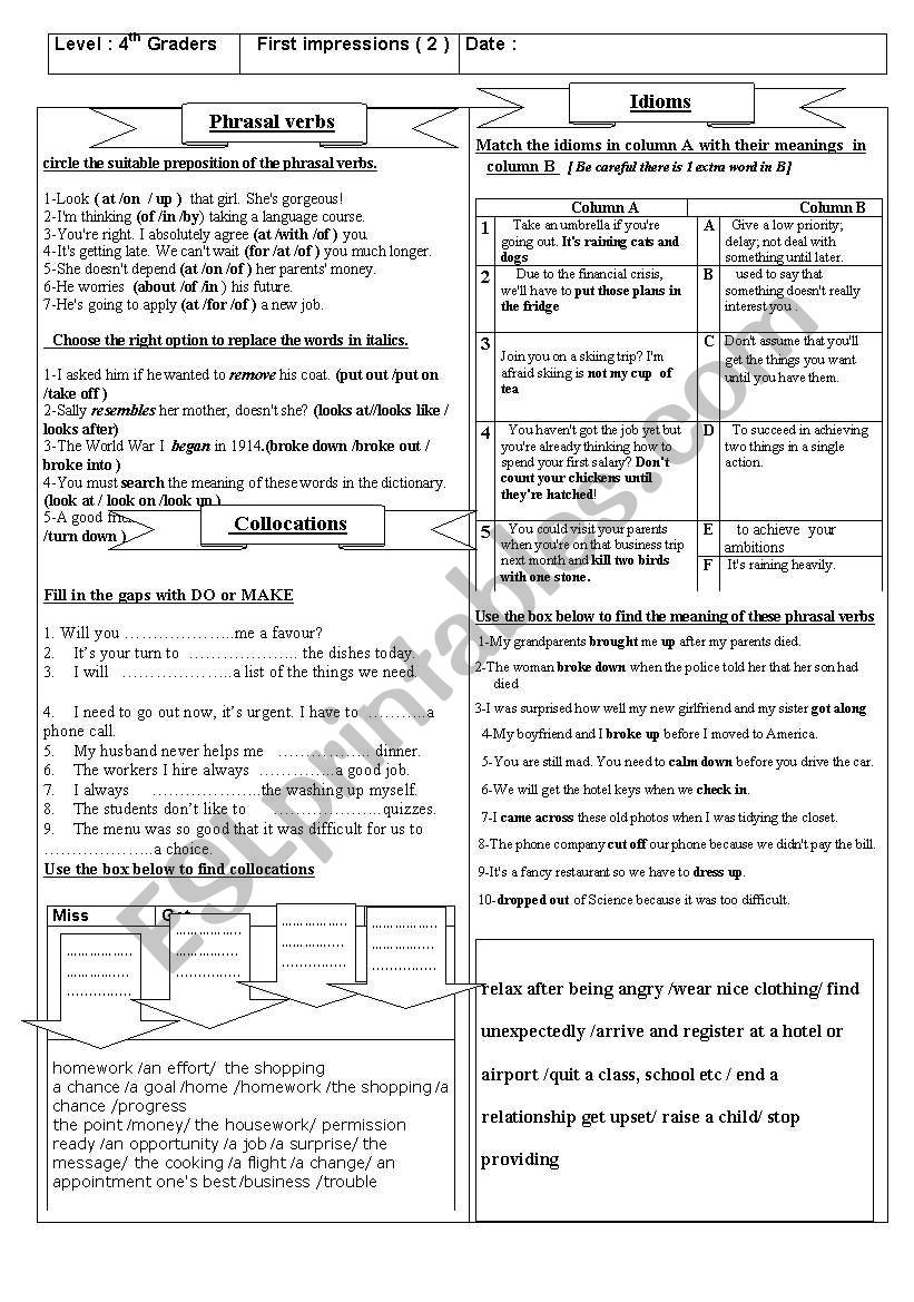 FIRST IMPRESSIONS  CONSALIDATION TASKS COLLOCATIONS PHRASAL VERBS  BAC SCIENTIFIC BRANCHES 