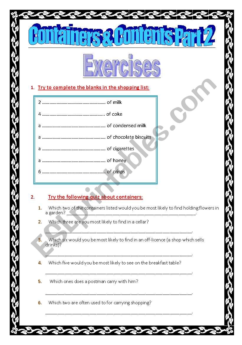 Containers & Contents Part 2 worksheet