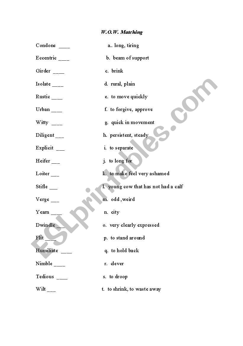 WOW (Word of the Week) Words Matching wksht