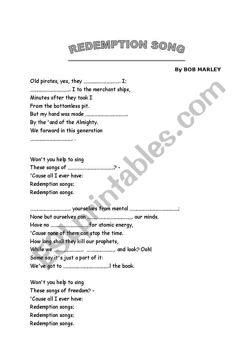 redemtion song  worksheet