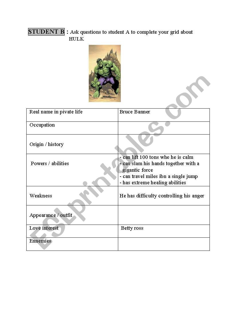 pair work about HULK worksheet