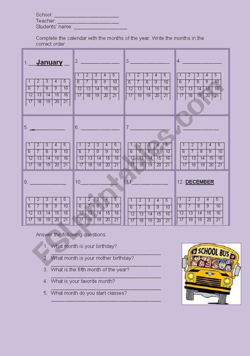 MONTHS OF THE YEAR.  worksheet
