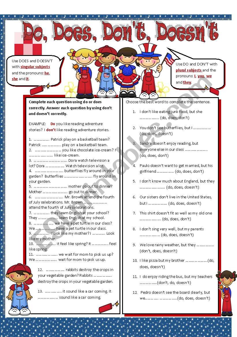 Do, Does, DonÂ´t and DoesnÂ´t worksheet