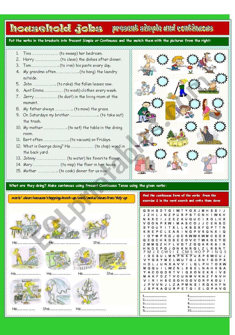 Household jobs. Present simple and continuous