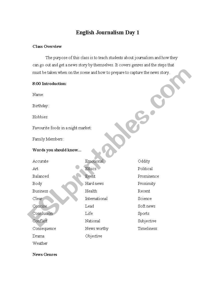 Journalism Course worksheet