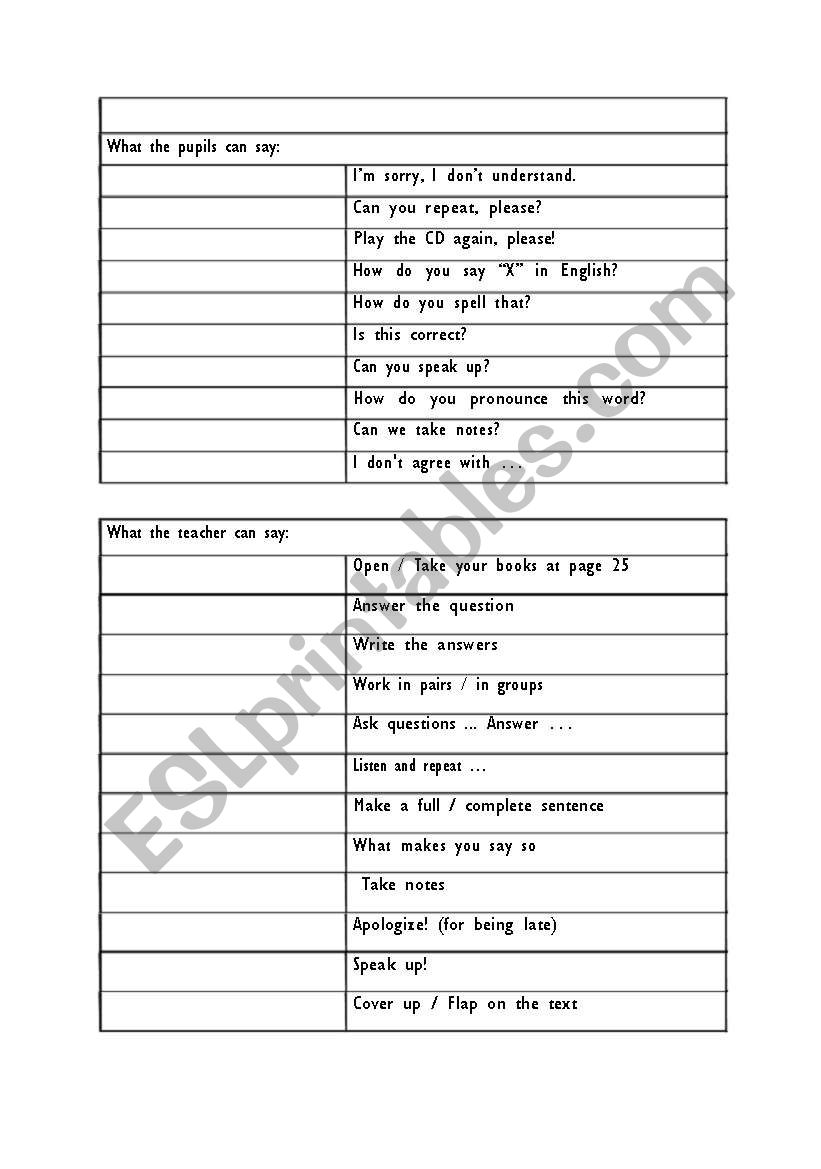 Classroom English worksheet