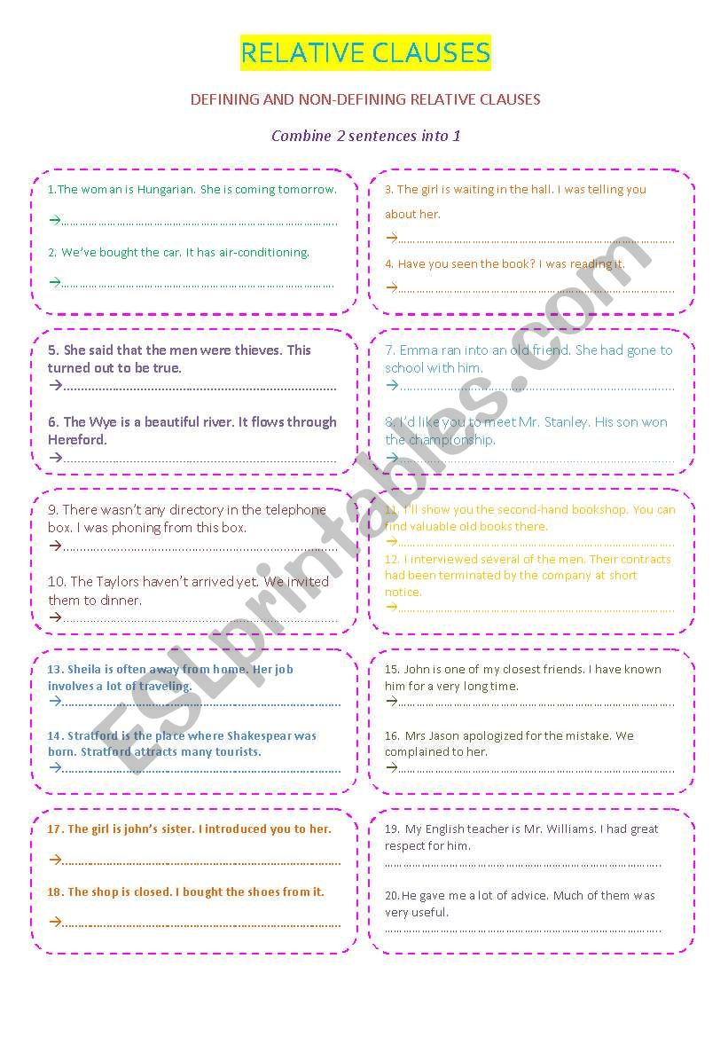 RELATIVE CLAUSE PRACTICE worksheet