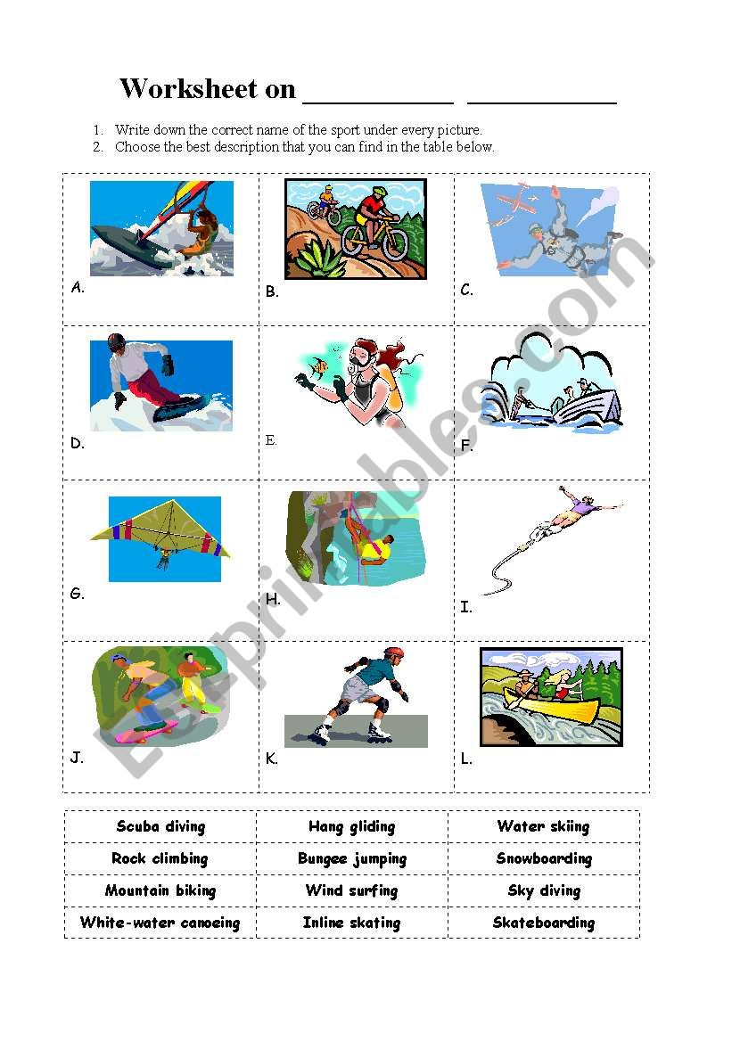 extreme sports worksheet worksheet