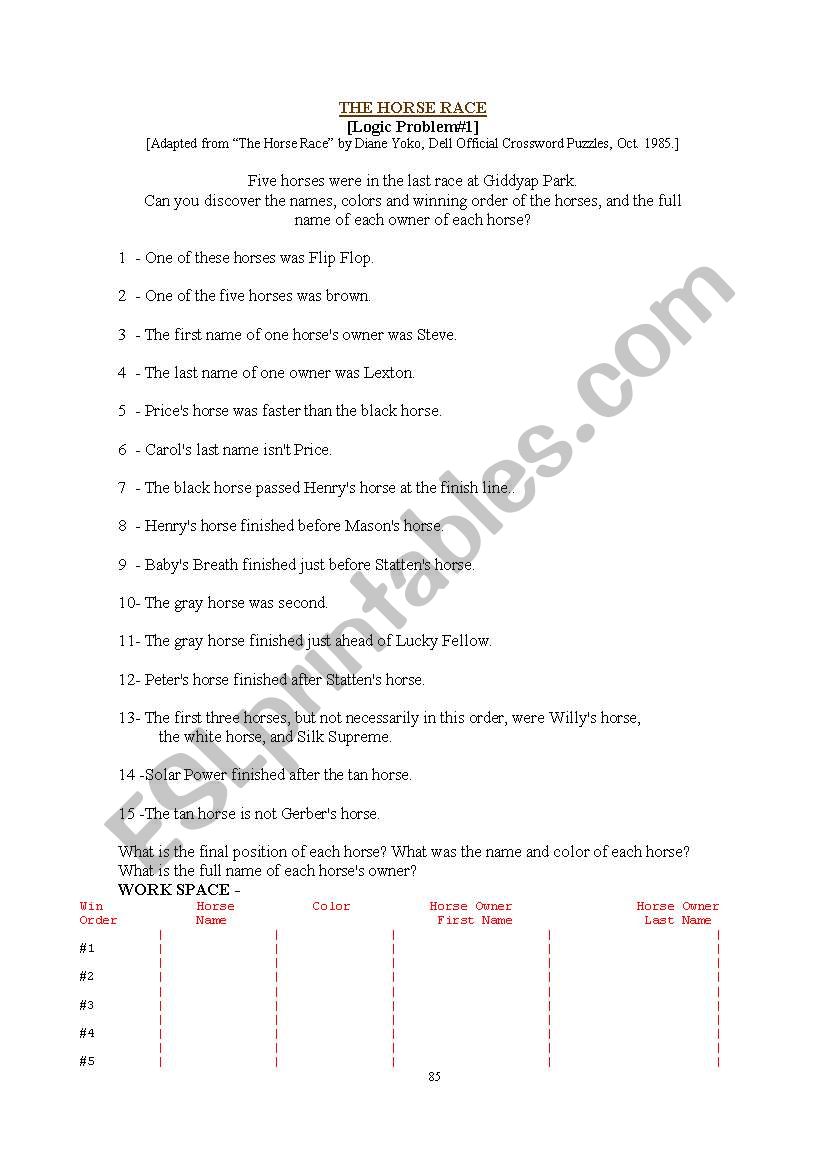 Logic Puzzle #1 worksheet