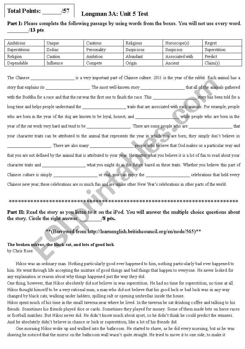 Comprehensive English Test: Theme--Superstitions and Zodiacs