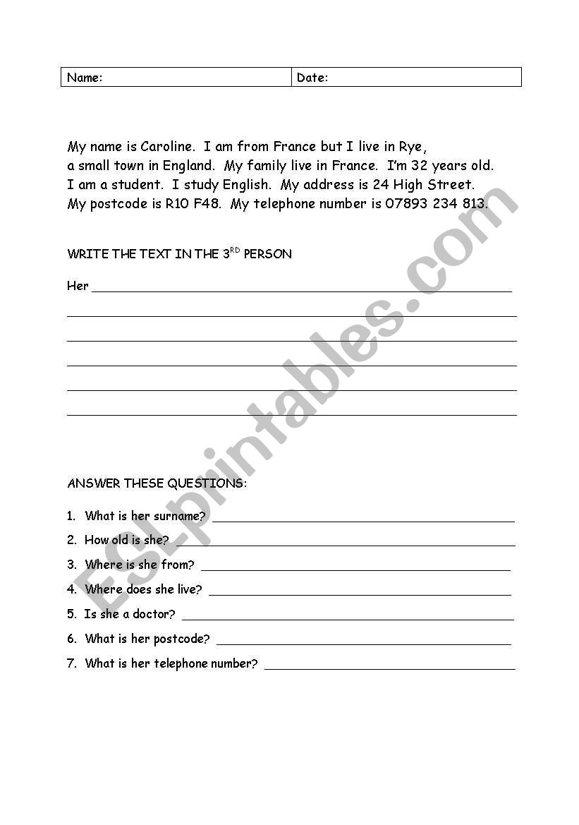 third person worksheet