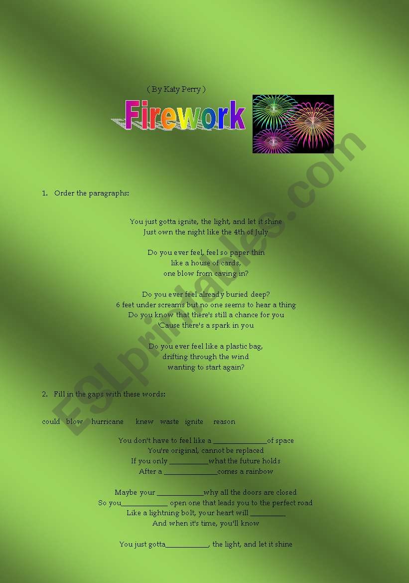 Firework by Katy Perry worksheet