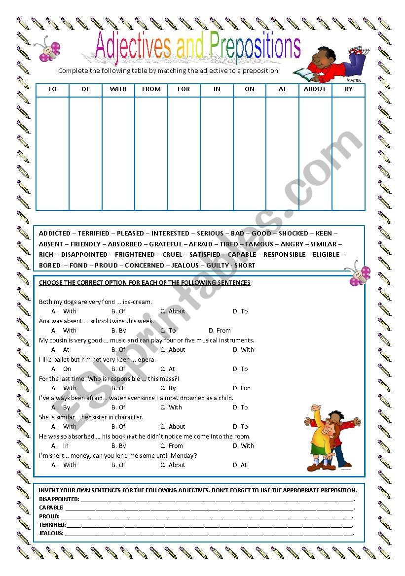 Adjective and Prepositions worksheet