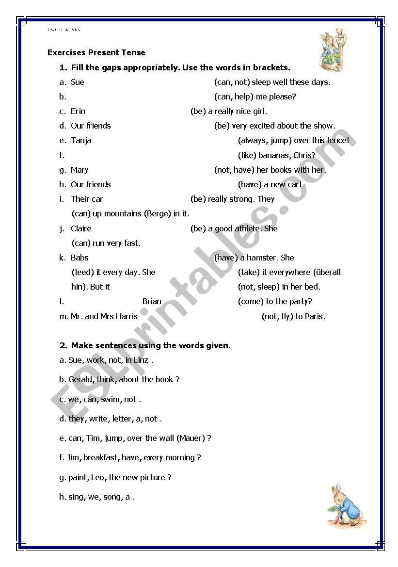 Exercises Present Tense worksheet