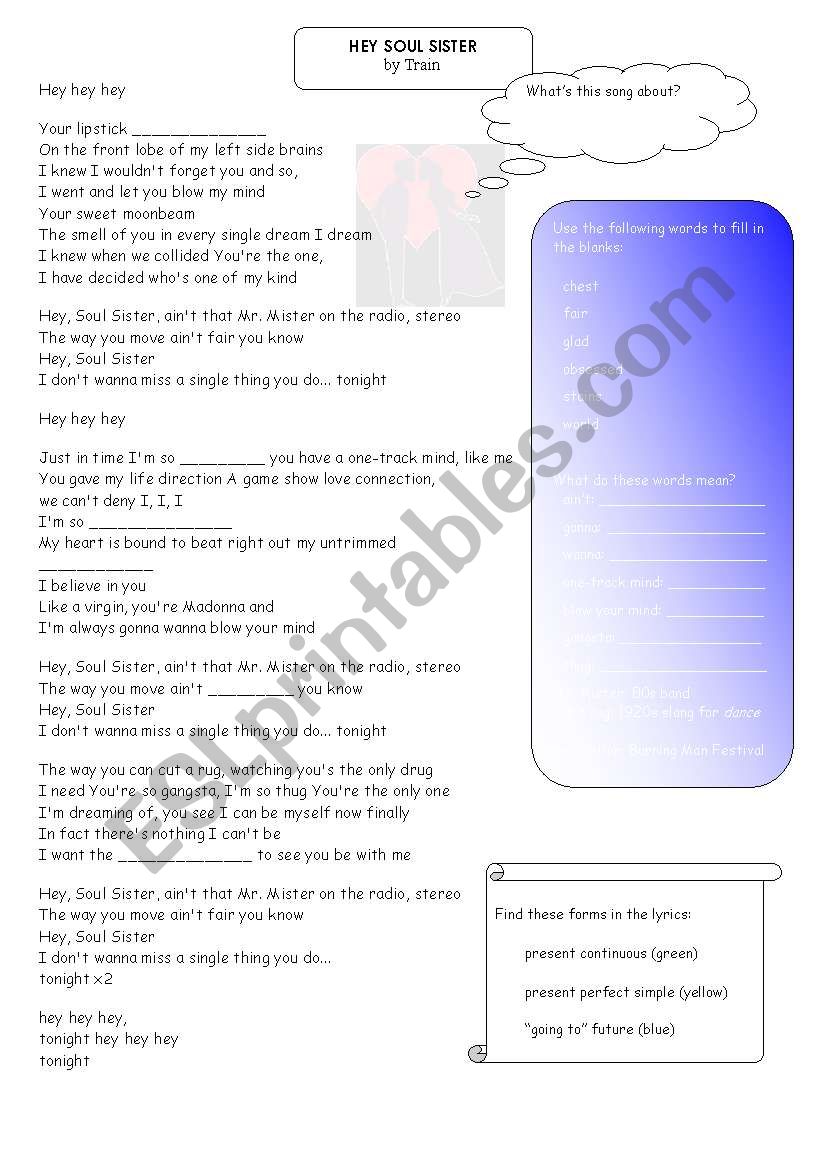 Song worksheet: Hey Soul Sister by Train