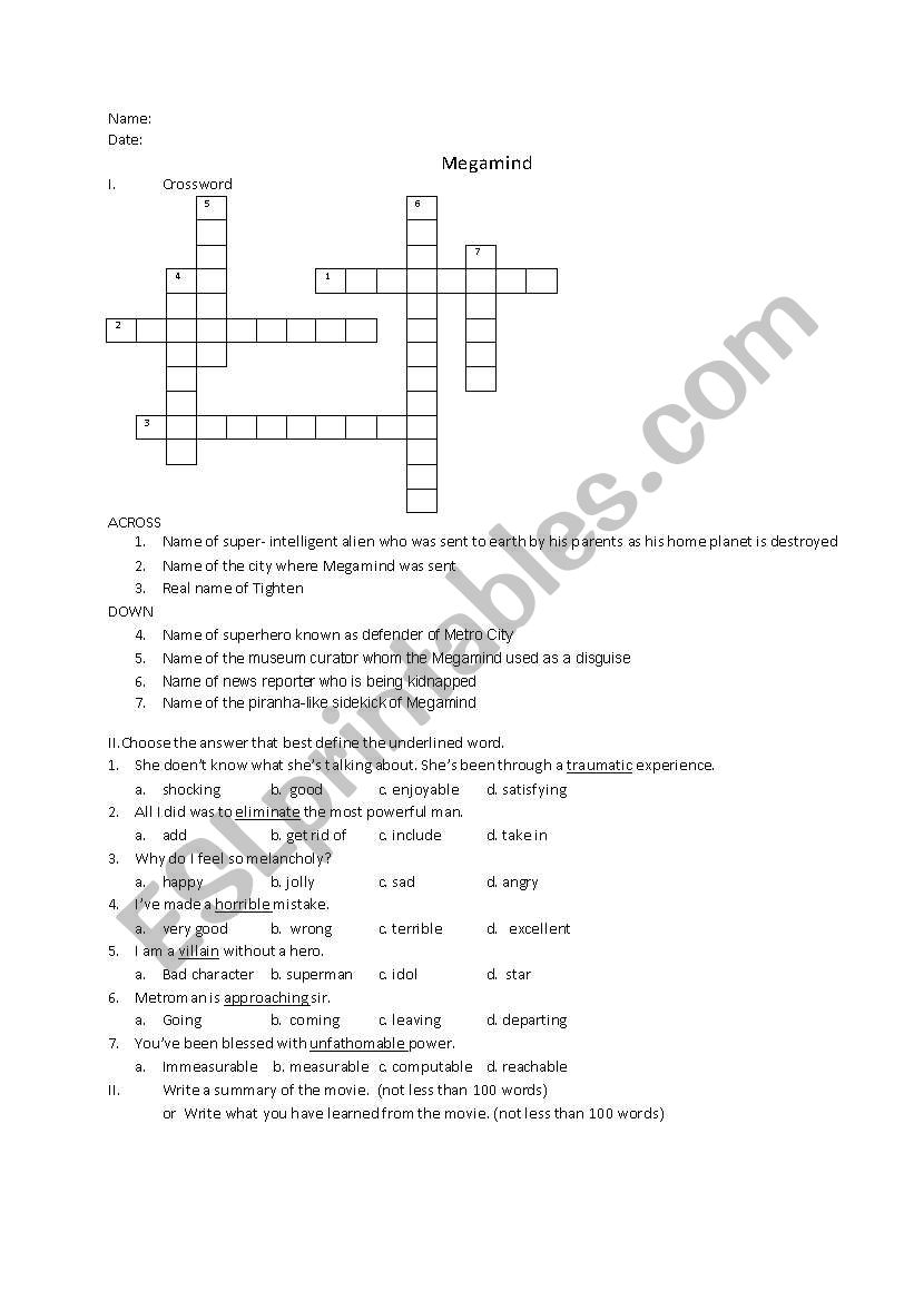 Megamind quiz worksheet