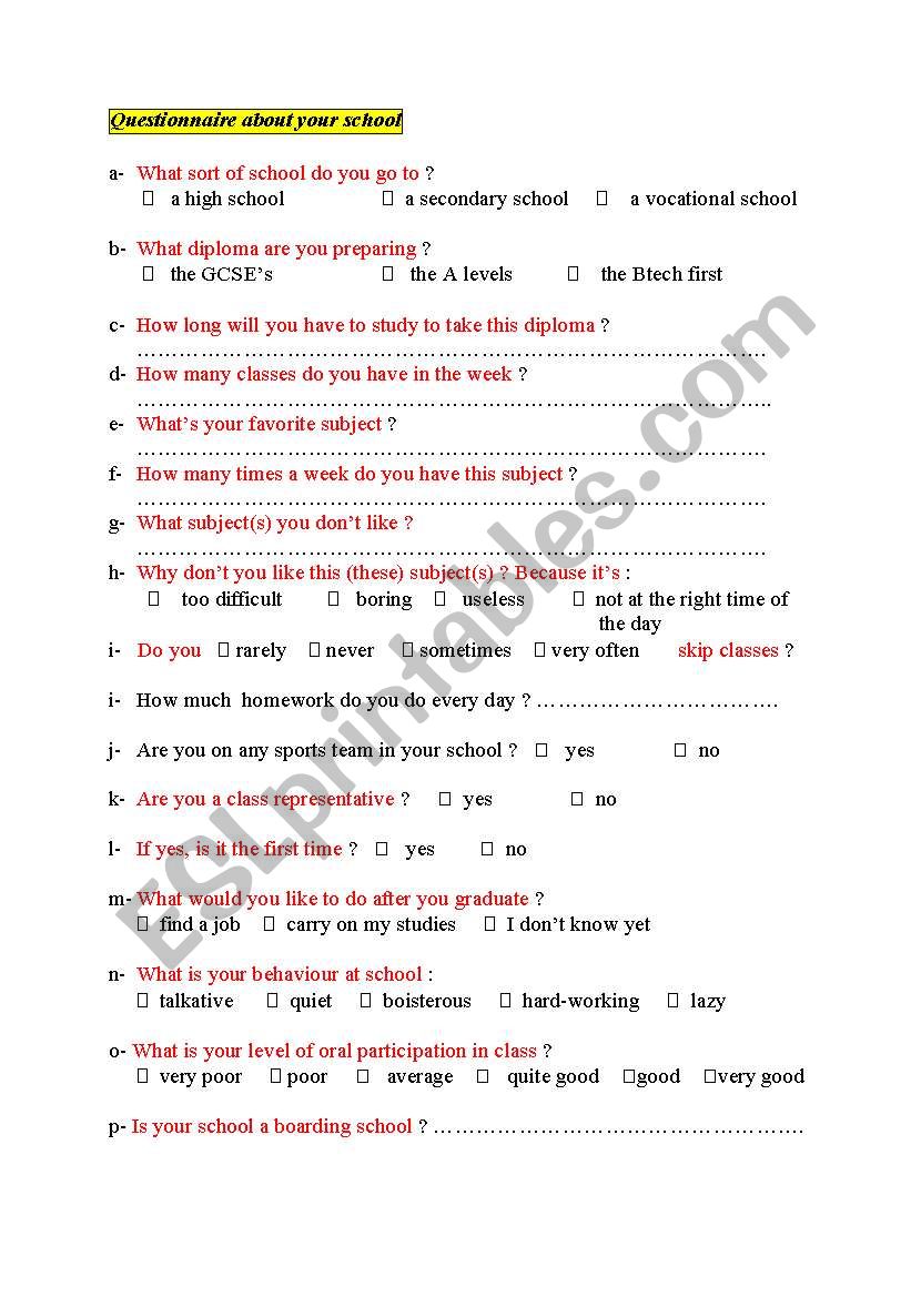 questionnaire about your school 