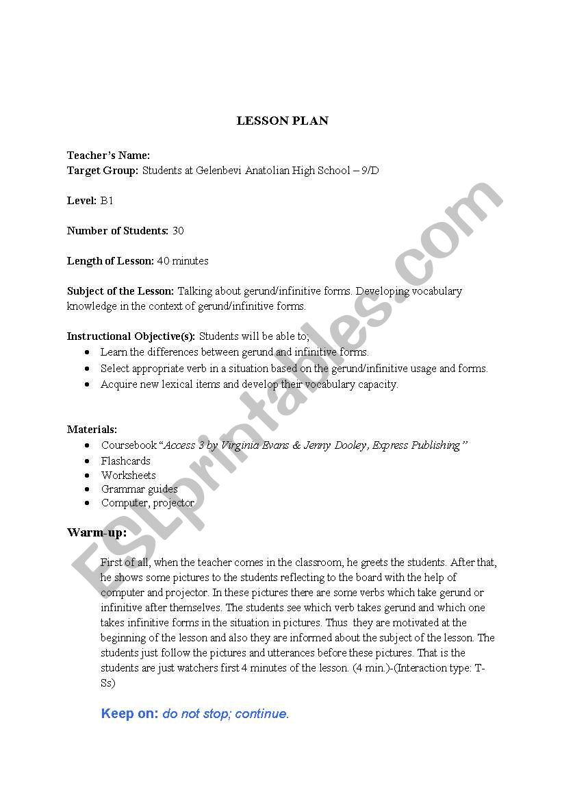 lesson plan-24 Talking about gerund/infinitive forms. Developing vocabulary knowledge in the context of gerund/infinitive forms.