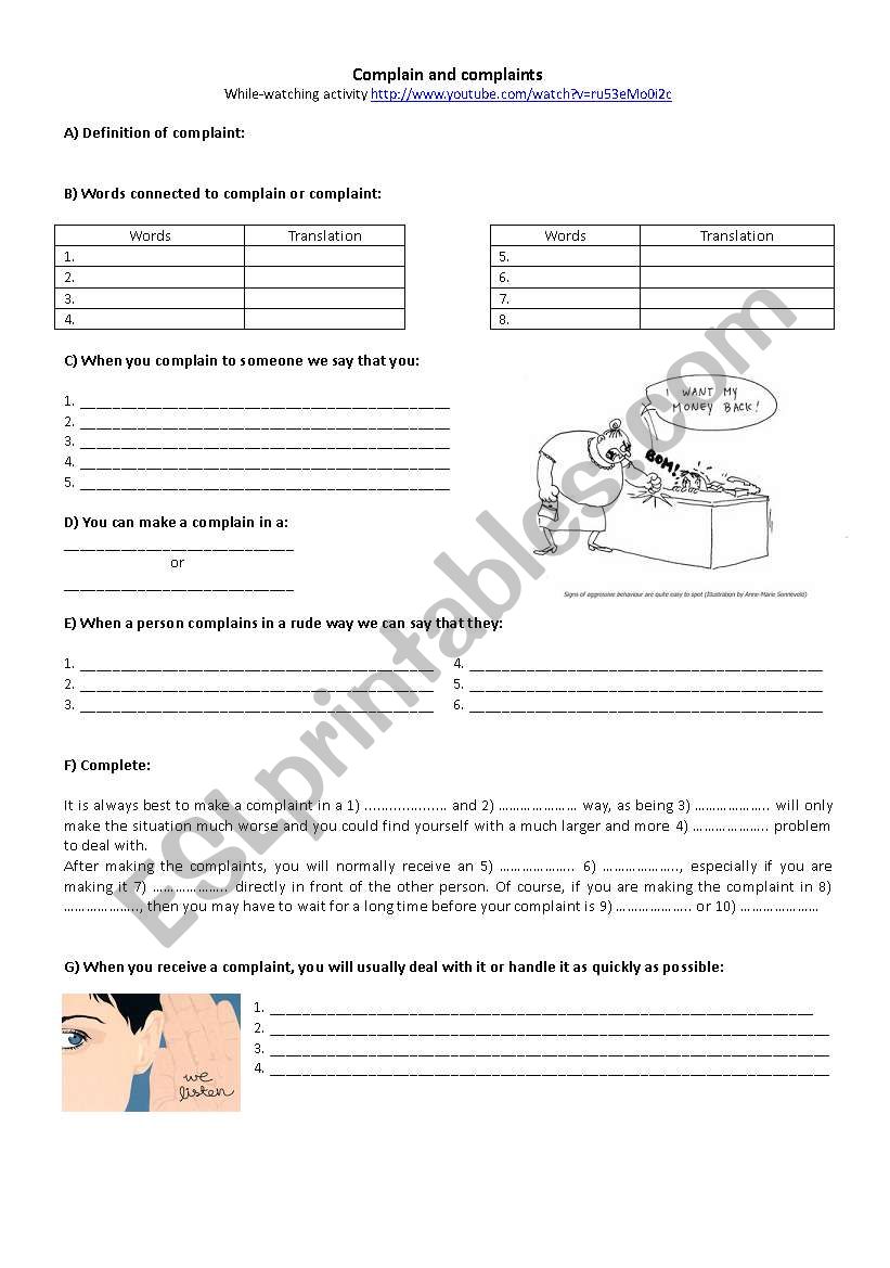 Complaints worksheet