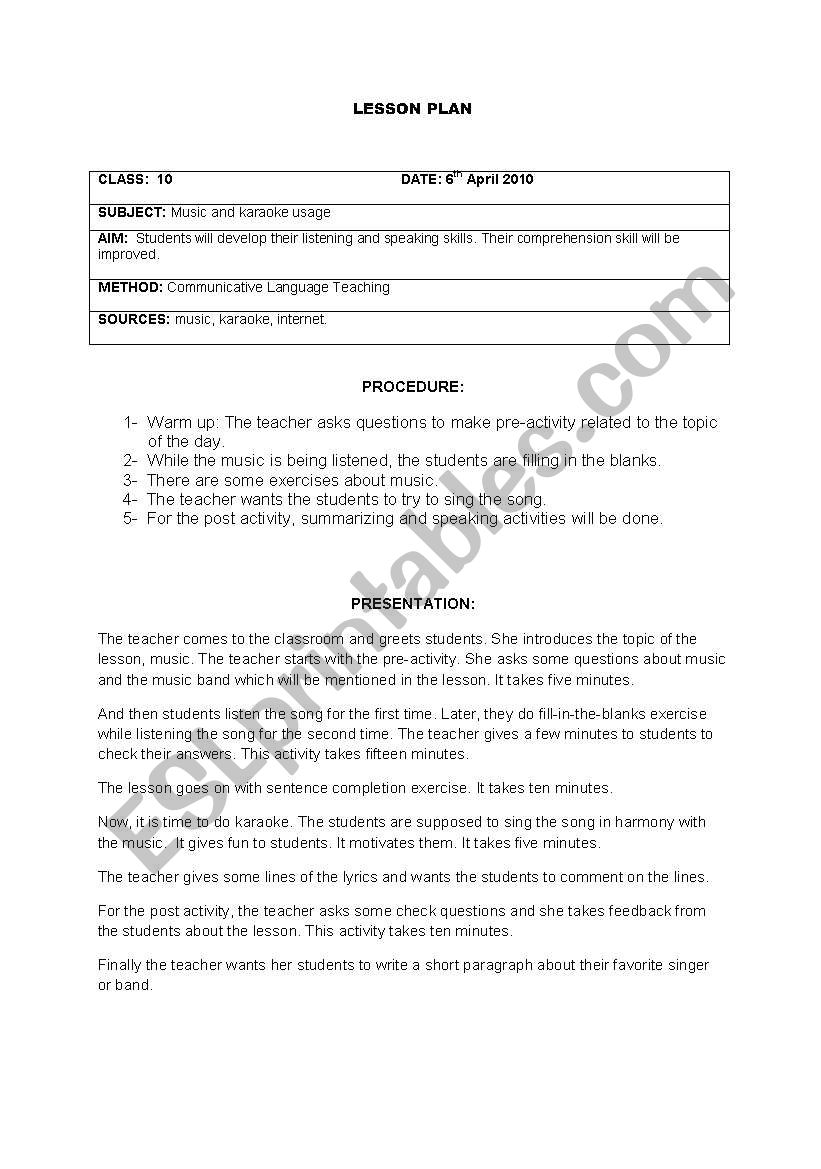 lesson plan with karaoke worksheet