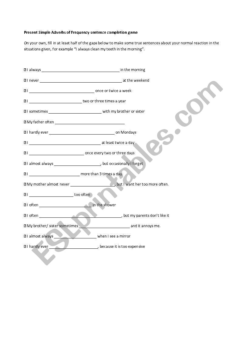 sentence completion - adverbs of frequency