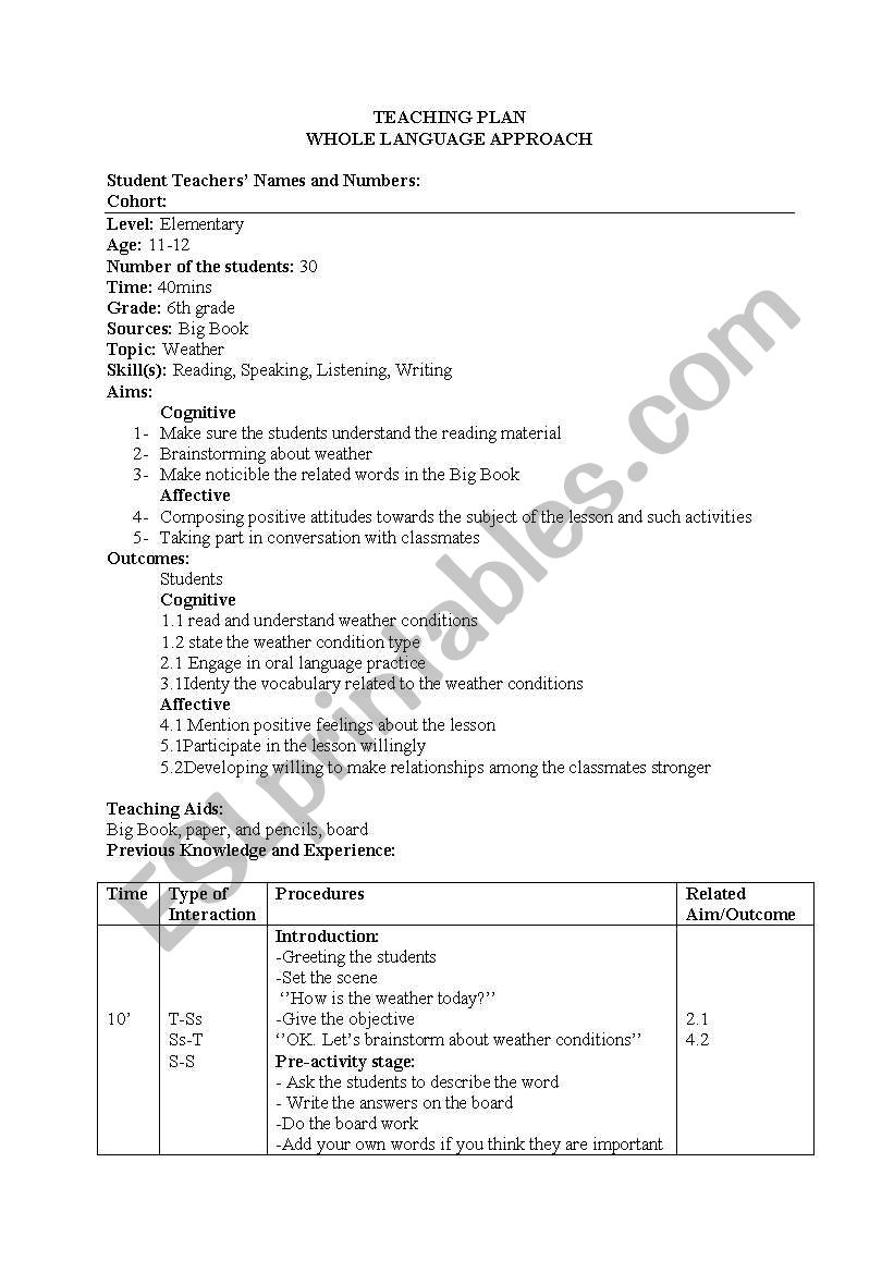 English worksheets lesson plan whole language approach 