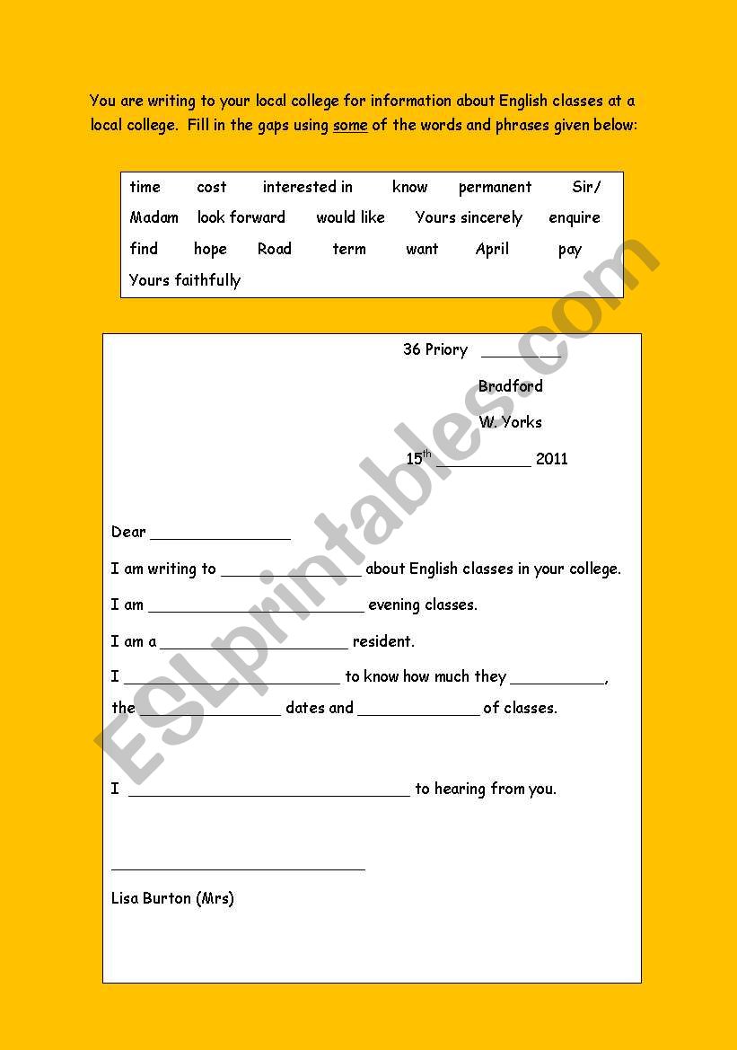 Letter to college worksheet