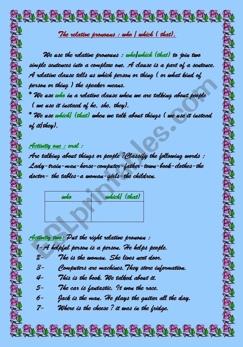 relative pronouns  worksheet
