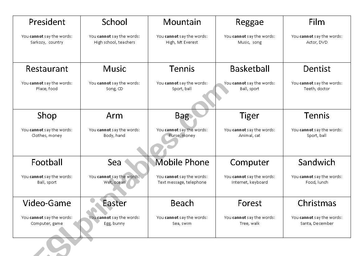 Taboo worksheet