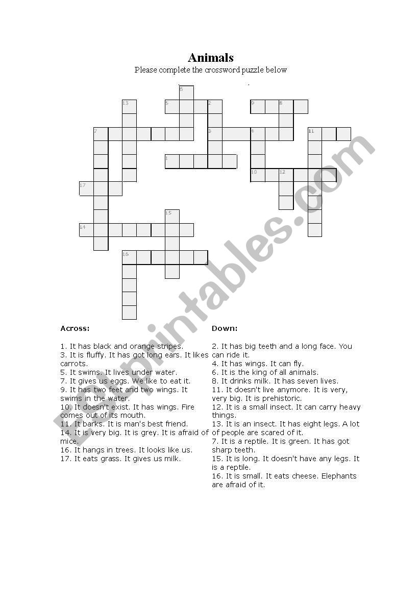 Animals crossword worksheet