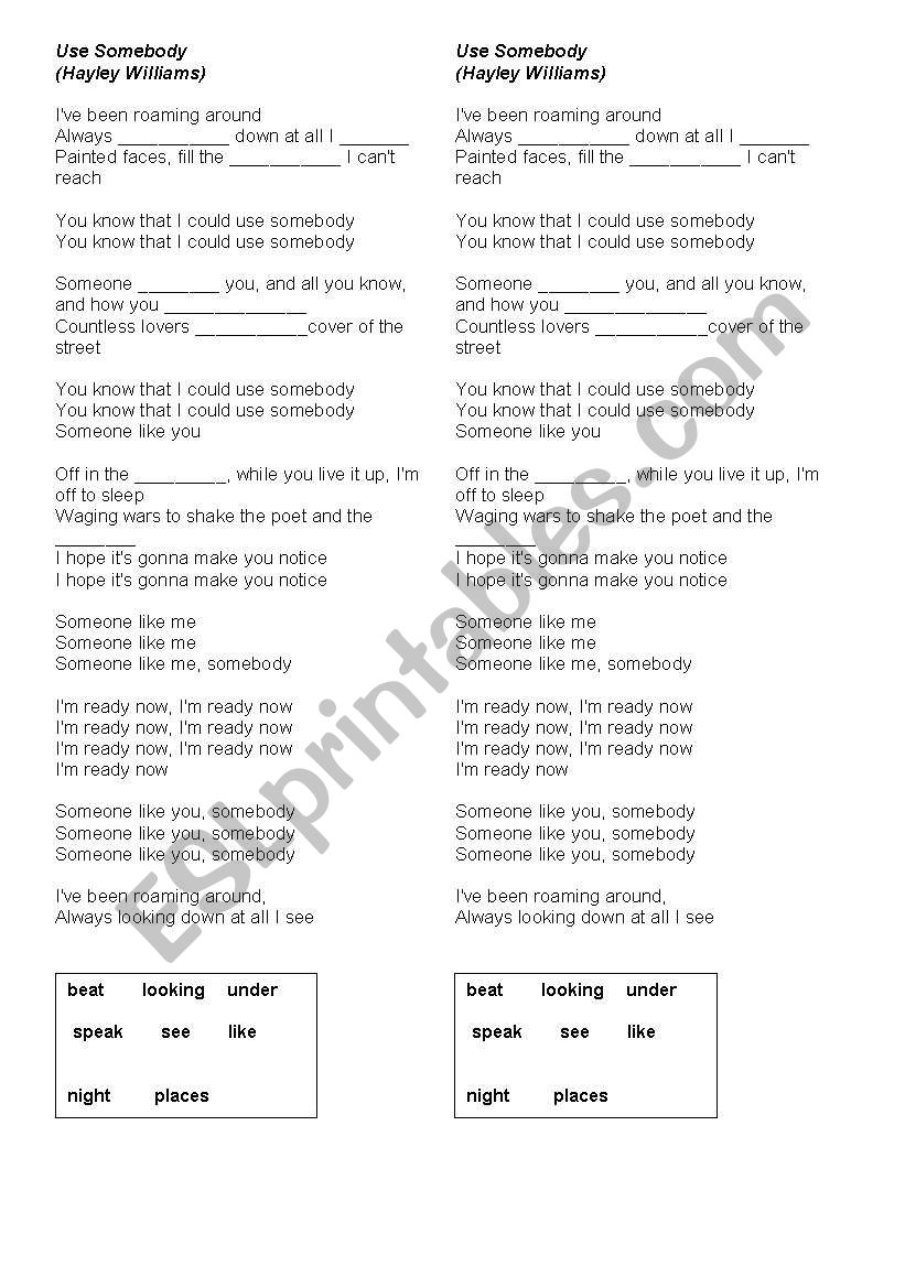 Song Use somebody worksheet