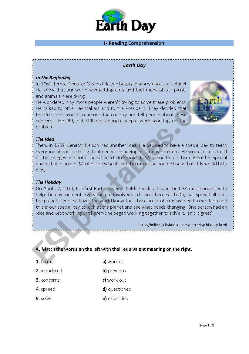 Environment: Earth Day - Reading + writing test