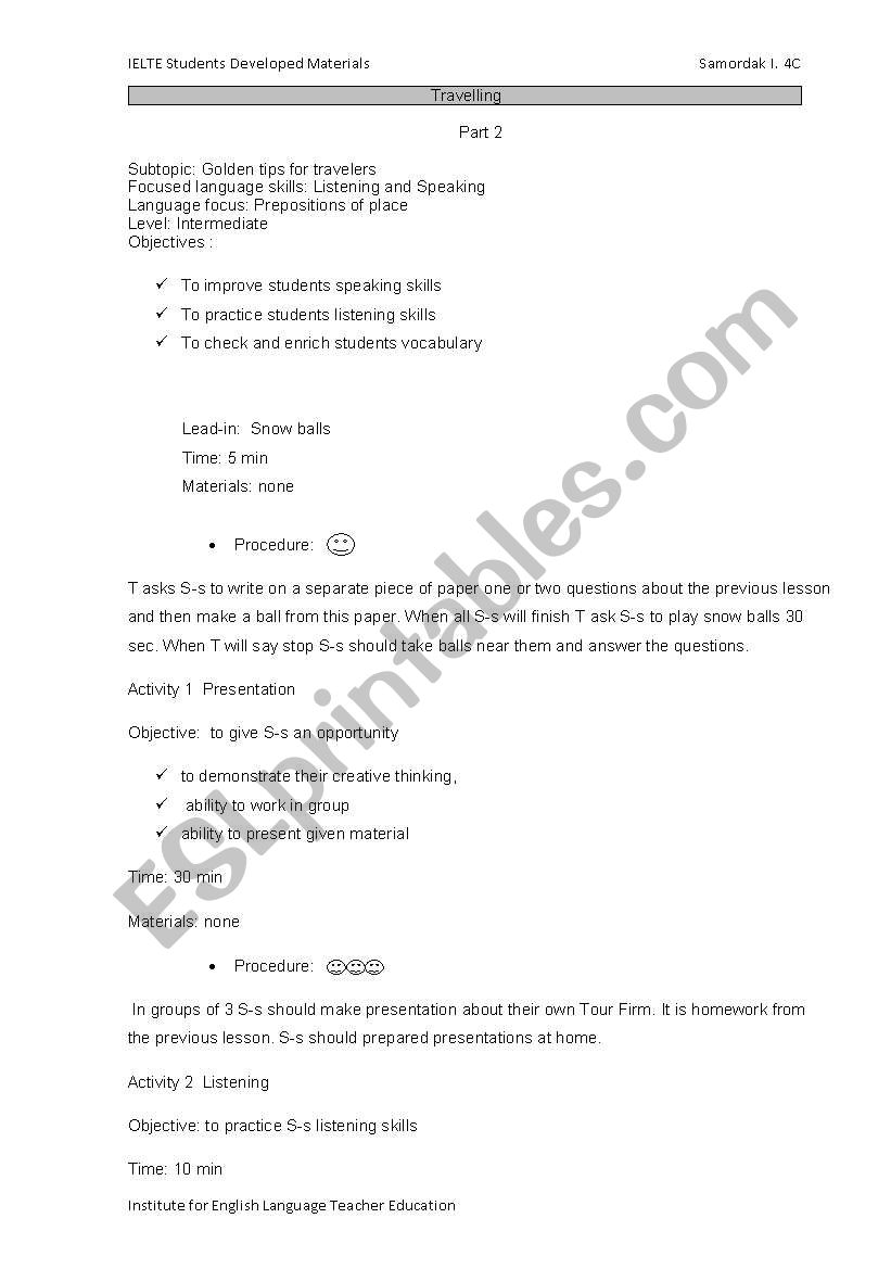 Travelling worksheet