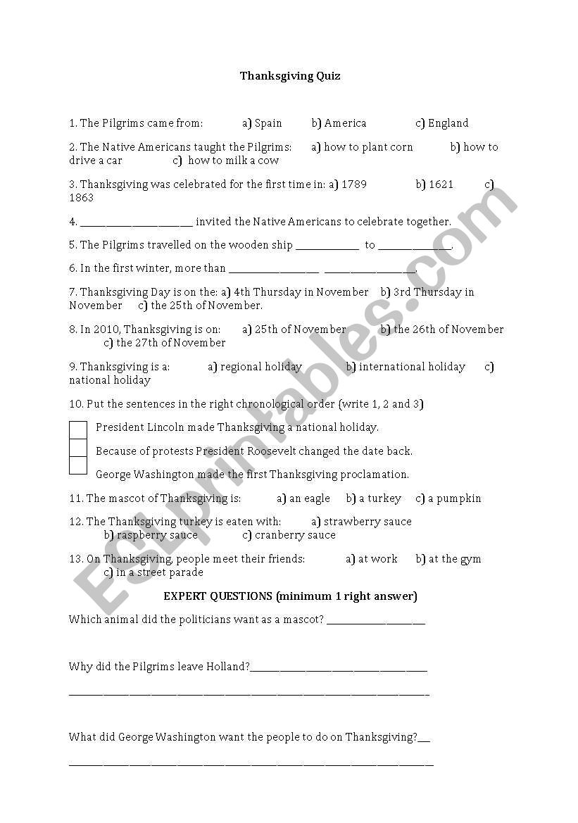 Thanksgiving Quiz worksheet
