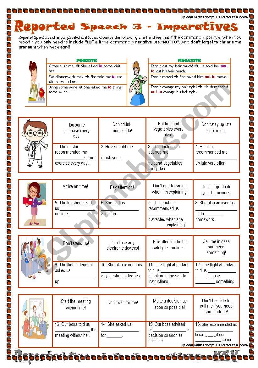 reported speech imperative sentences worksheets