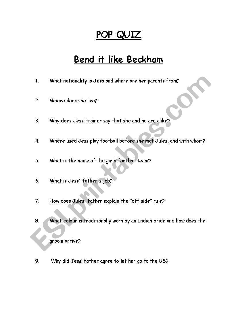 Bend It Like Beckham Worksheet