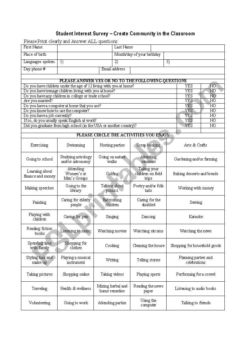 Student Interest Survey - Build Community in the Classroom