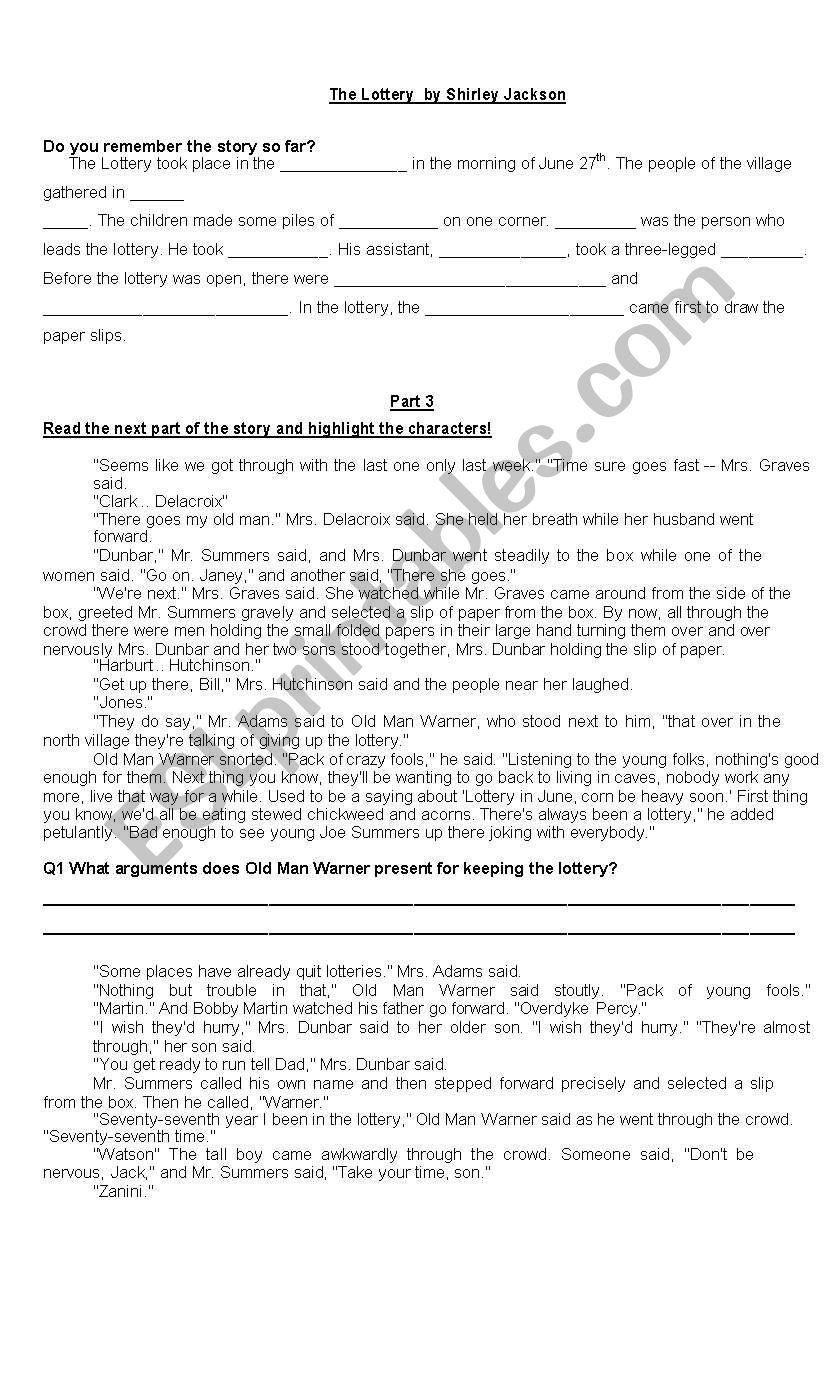 The Lottery Part 3 worksheet