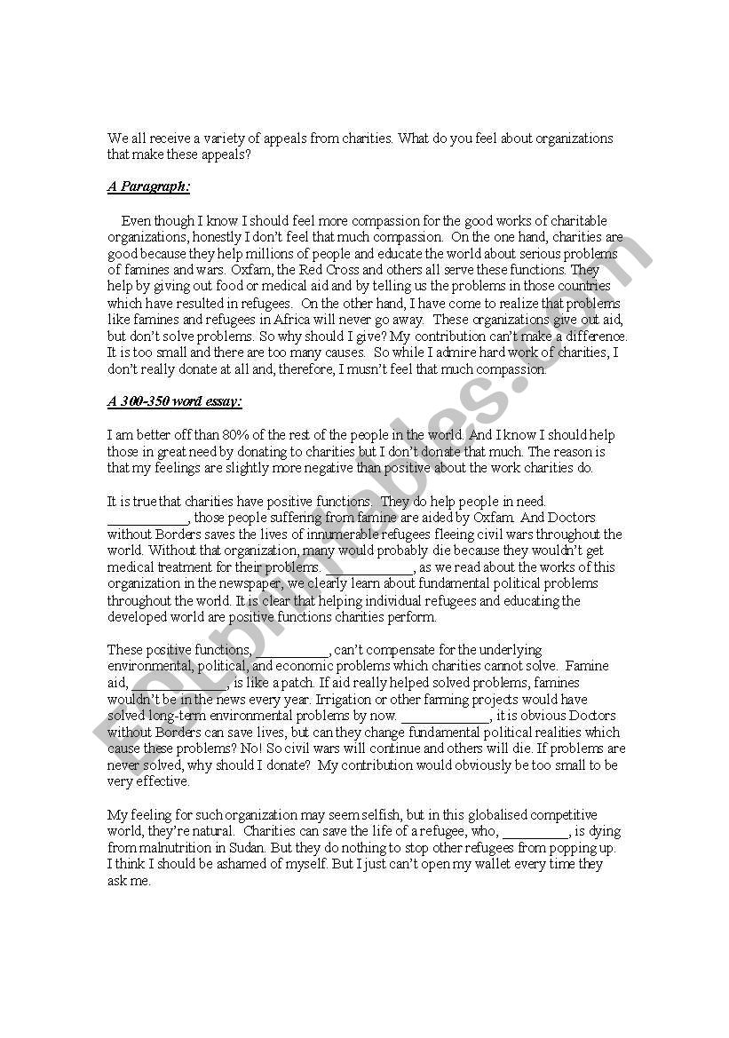 Paragraph to an Essay worksheet