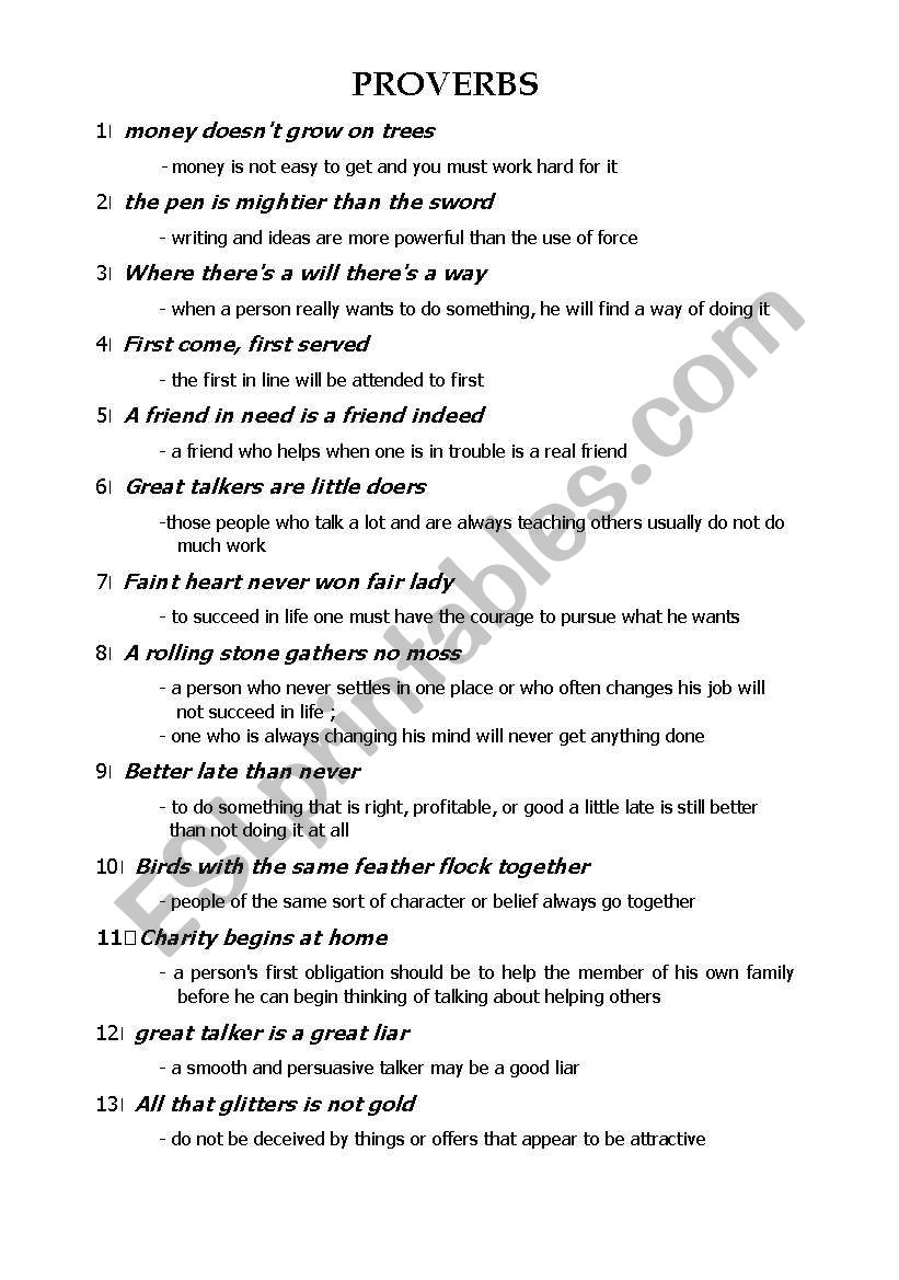 list of proverbs worksheet