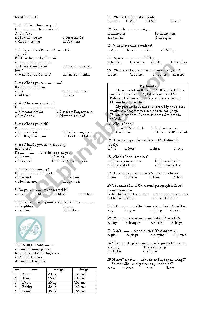 english evaluation worksheet