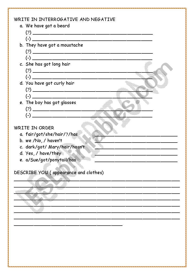 DESCRIPTIONS AND HAVE GOT worksheet