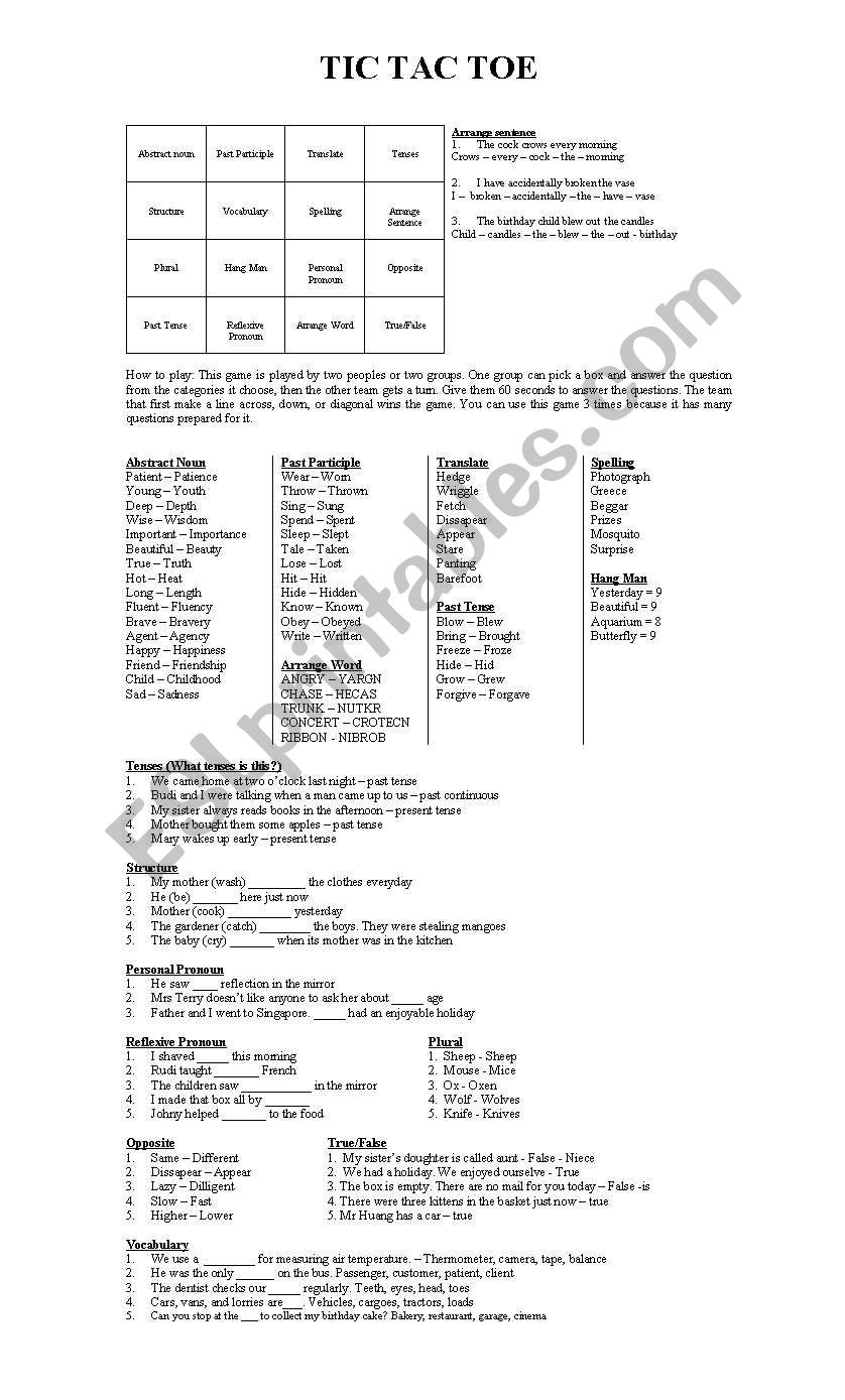 TIC TAC TOE worksheet