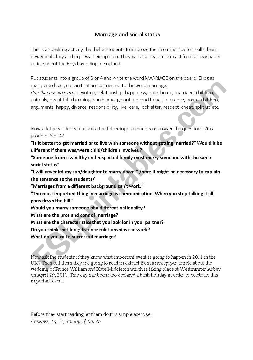 Marriage and social status worksheet