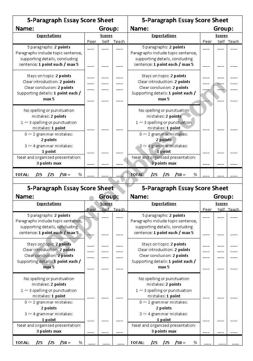 5-Paragraph Essay and Cursive Journal Score Sheet