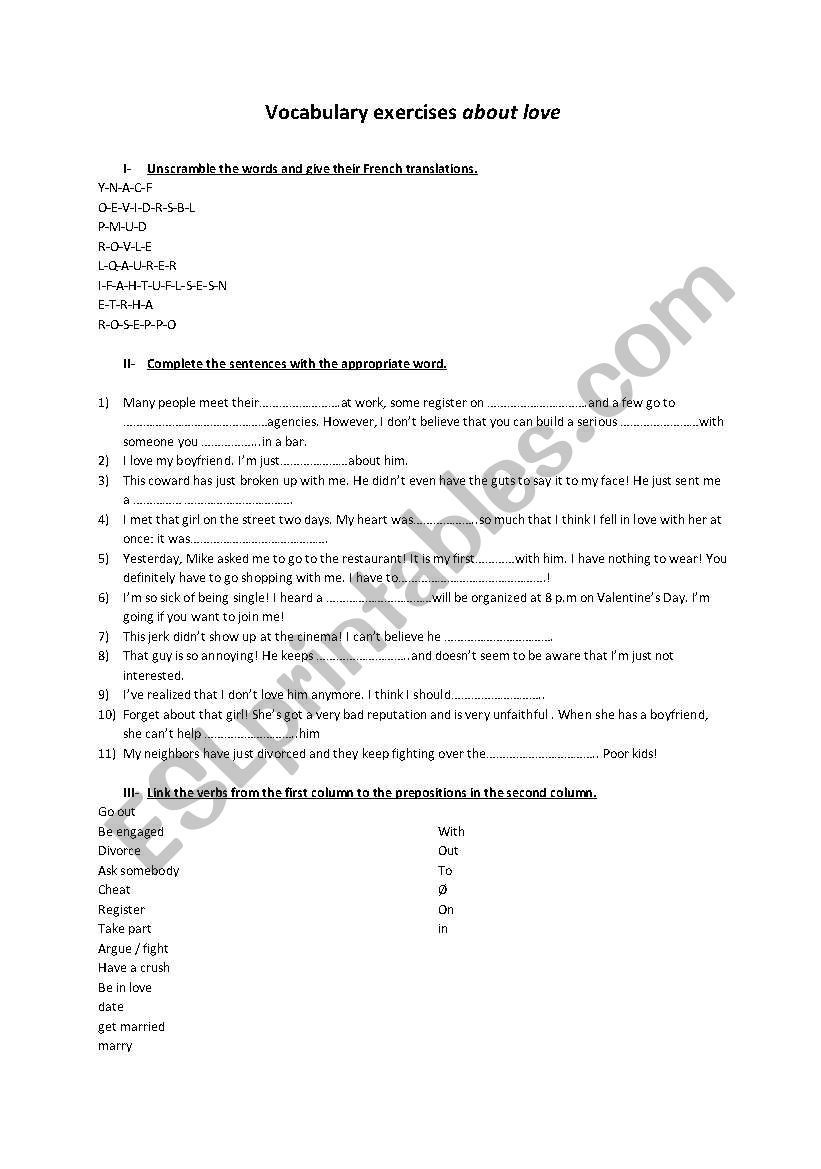 vocabulary worksheet love worksheet