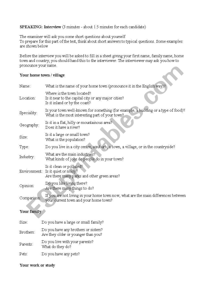 speaking test part 1 - fce worksheet