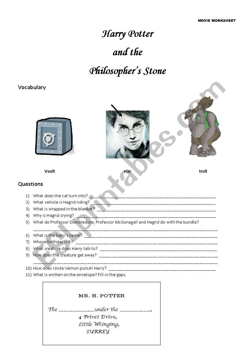 Harry Potter and the Philosophers Stone - Movie Comprehension Worksheet